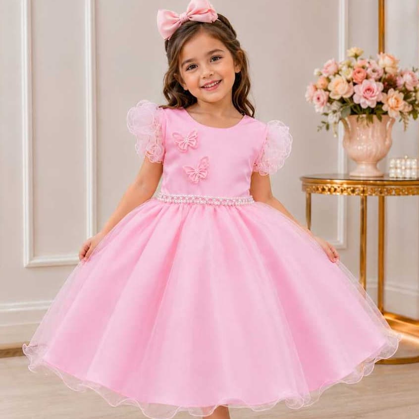 Vestido Infantil Festa Princesa Rodado Luxo Tule Premium com Borboletas para Meninas Elegante