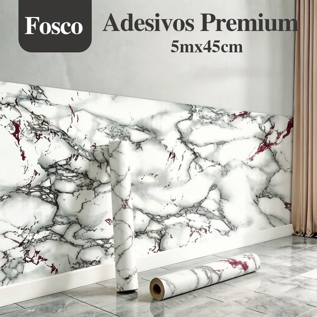 Papel de Parede Adesivo Mármore Branco Cinza 5m x 45cm PVC Premium Impermeável Lavável