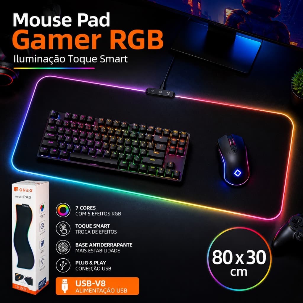 Tábua de Mouse Gamer RGB com Luz de 7 Cores e 5 Efeitos RGB