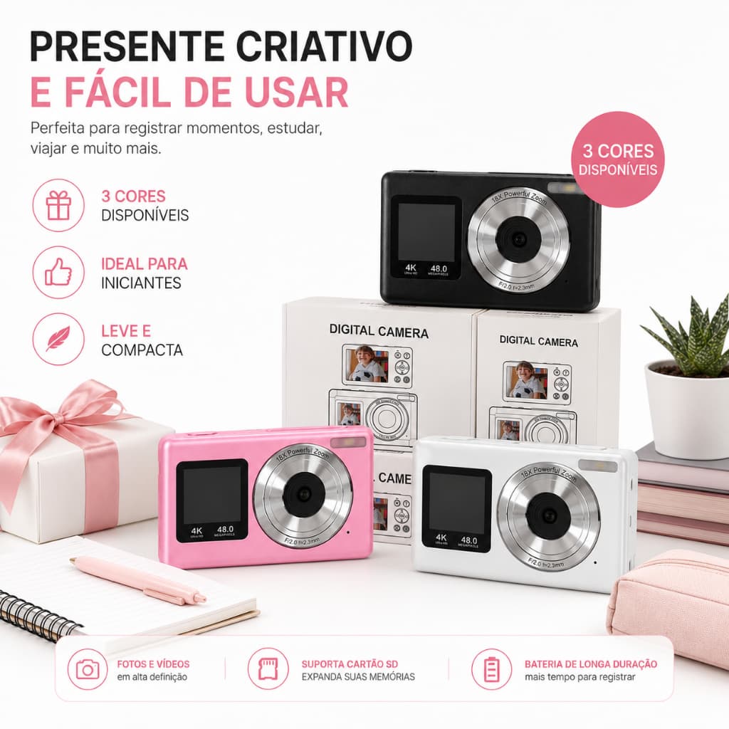 Câmera Digital 4K 48MP Compacta Zoom 18X Tela LCD USB Recarregável Ideal para Vlog com Cartão SD