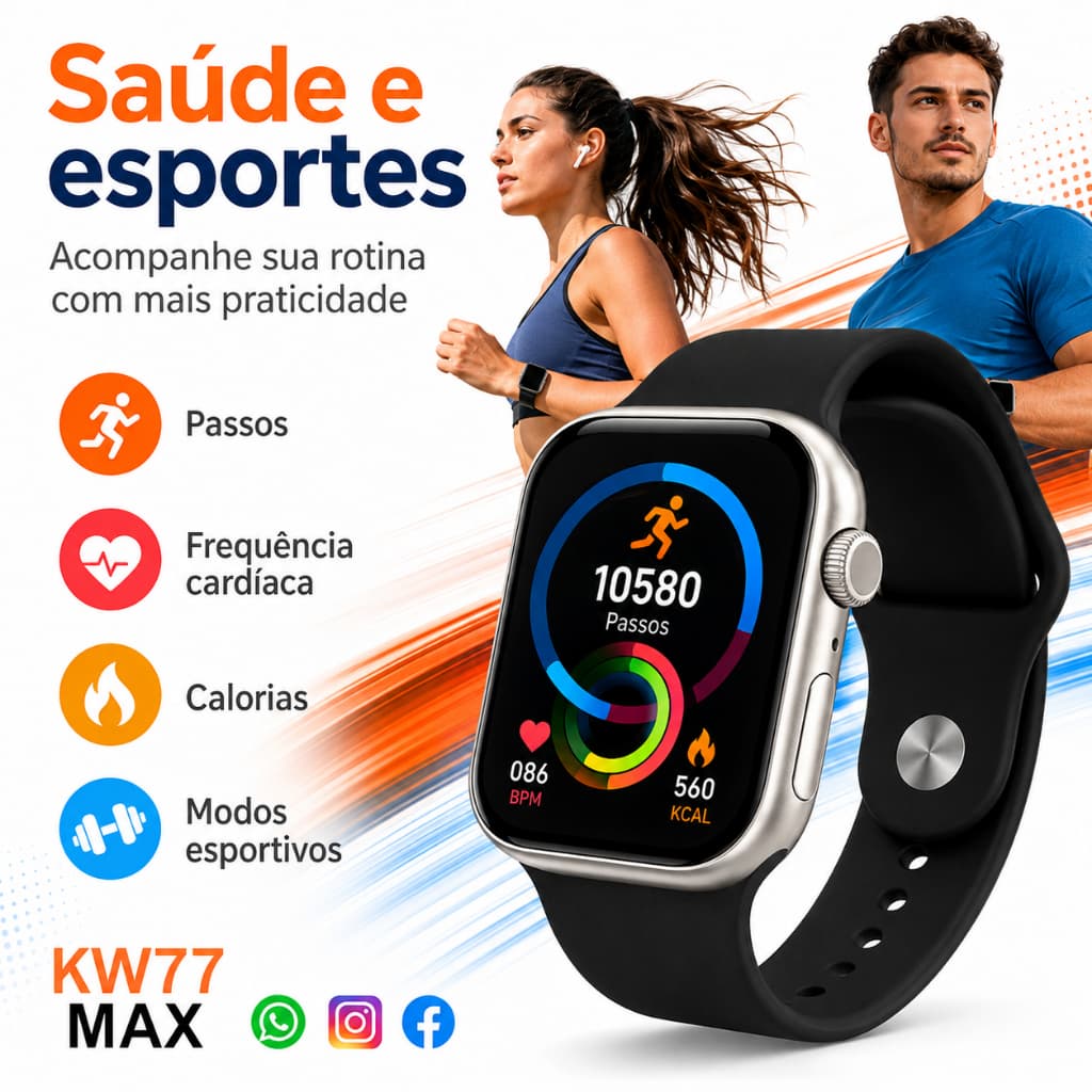 Smartwatch KW77 Max + Fone Notificações WhatsApp e 7 Pulseira Papel de parede personalizado para presente de aniversário