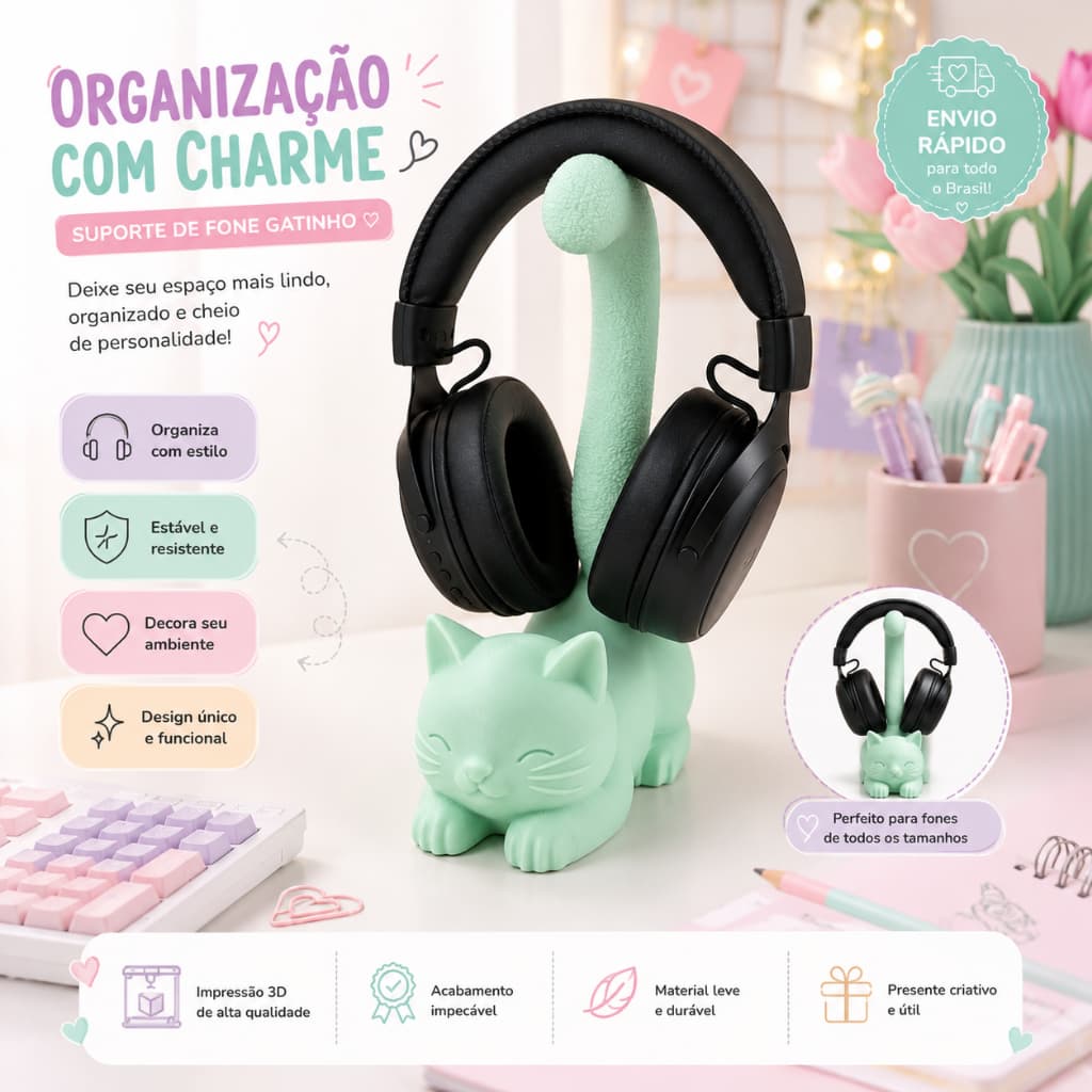 🐱 Suporte para Fone Gatinho 3D | Organizador de Mesa Decorativo para Headset Gamer