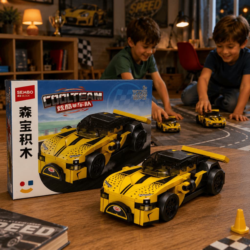 Carrinho Esportivo de Blocos para Montar Amarelo Kit Construção Modelo Supercarro Infantil