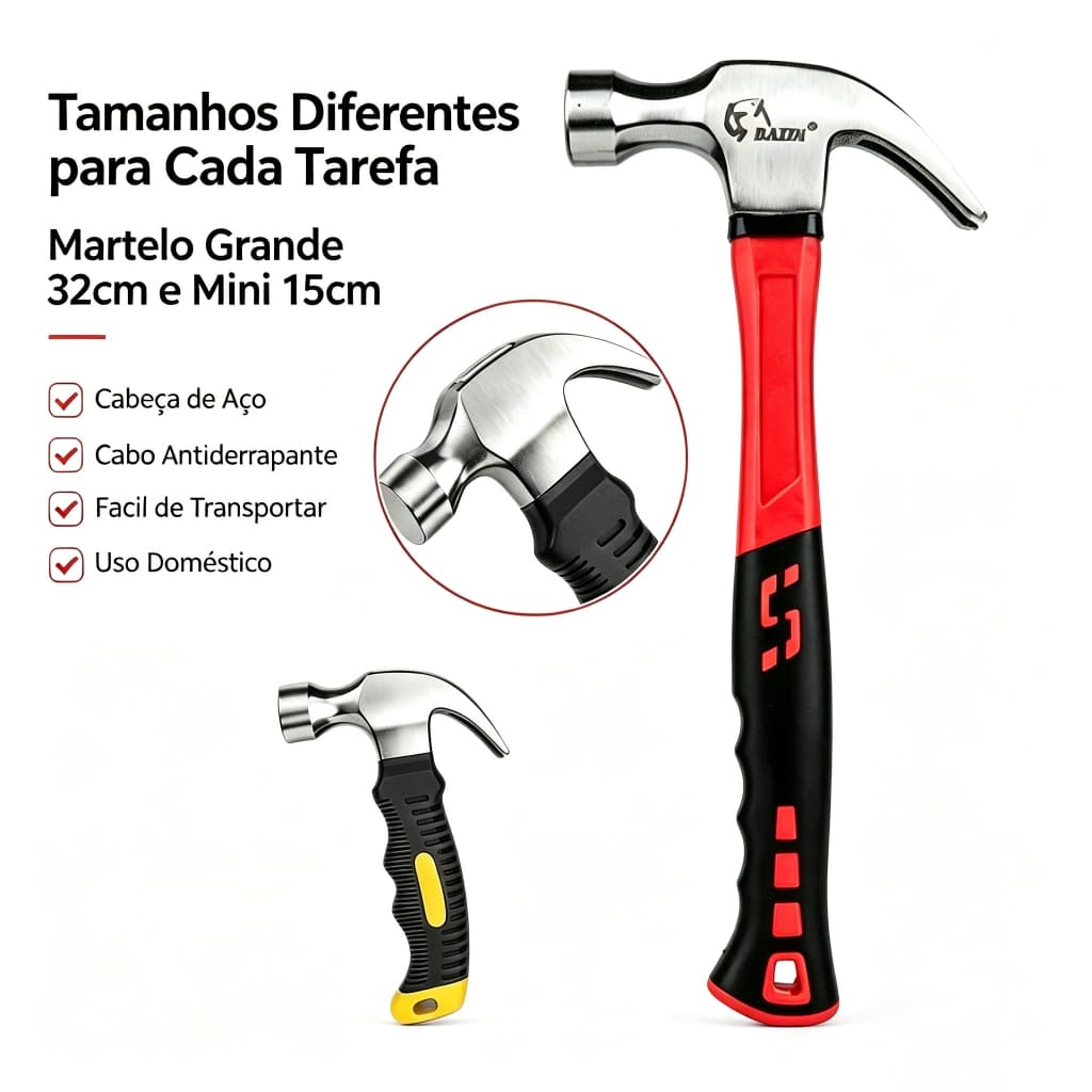 Martelo Tipo Unha Aço Carbono Com Cabo Emborrachado Profissional 15cm e 32cm