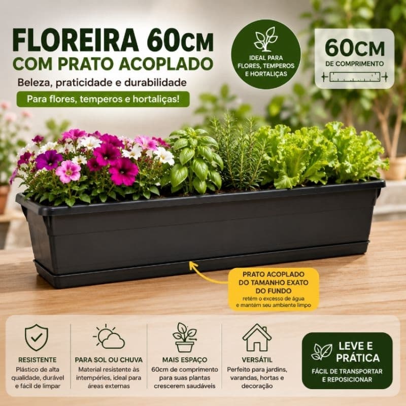 Floreira Plástica 60cm Com Prato Para Flores Temperos Hortaliças Jardim