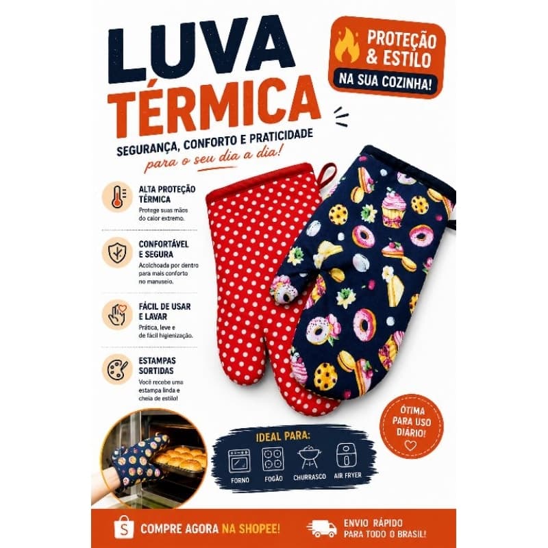 LUVA TÉRMICA ESTAMPADA – ESTAMPAS SORTIDAS | PROTEÇÃO E ESTILO PARA SUA COZINHA 🔥