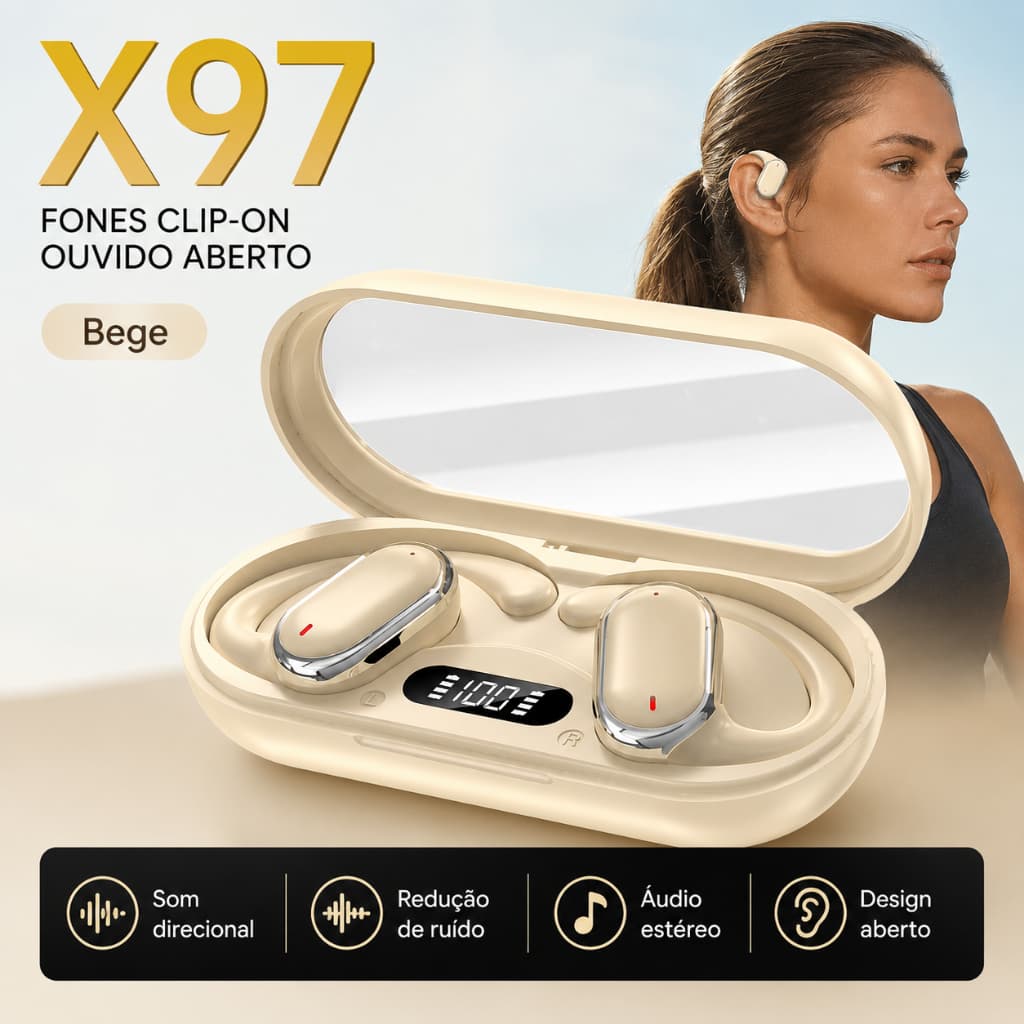 Fone Bluetooth X97 Clip-On Aberto, Não Entra no Ouvido, Som Direcional e Bateria com Display