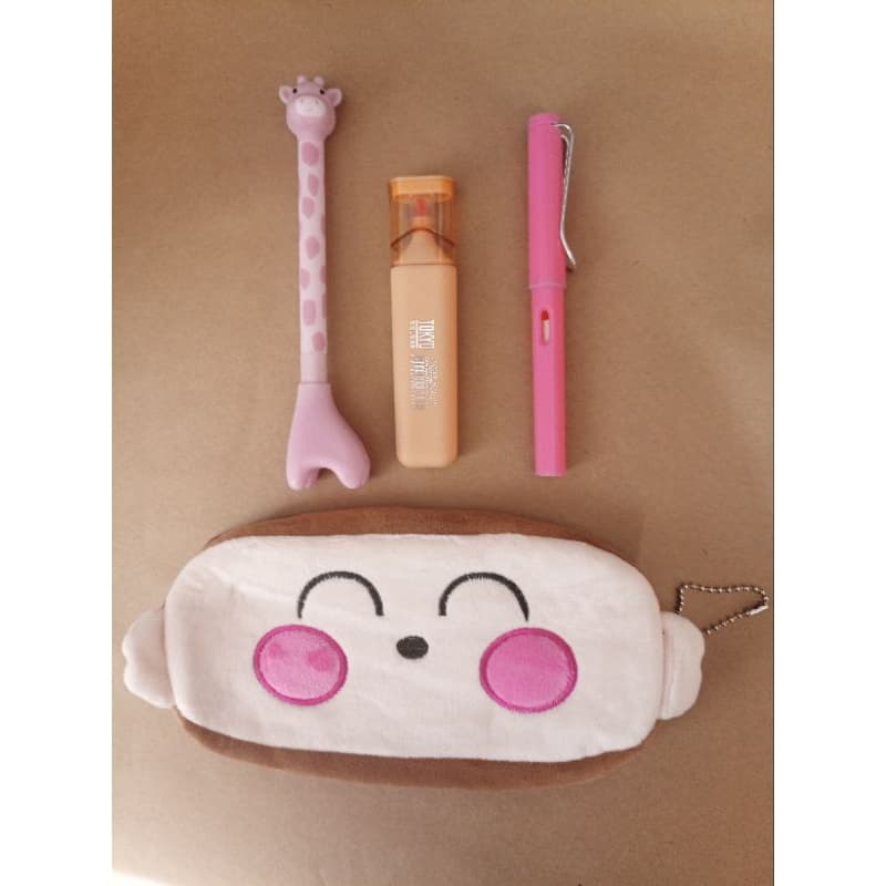 Kit Papelaria Fofa Kawaii Zoo Estojo Pelúcia Macaco + Caneta Girafa + Lápis Infinito + Marca-Texto
