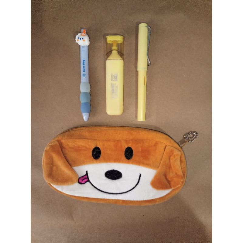 Kit Papelaria Fofa Kawaii Cachorrinho Estojo Pelúcia + Caneta Apagável + Lápis Infinito + Marca-Texto