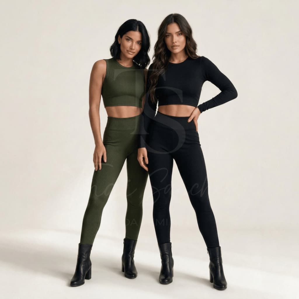 Conjunto Feminino Calça e Cropped Regata ou Manga Longa Anarruga Canelado Tendência Moda Verão