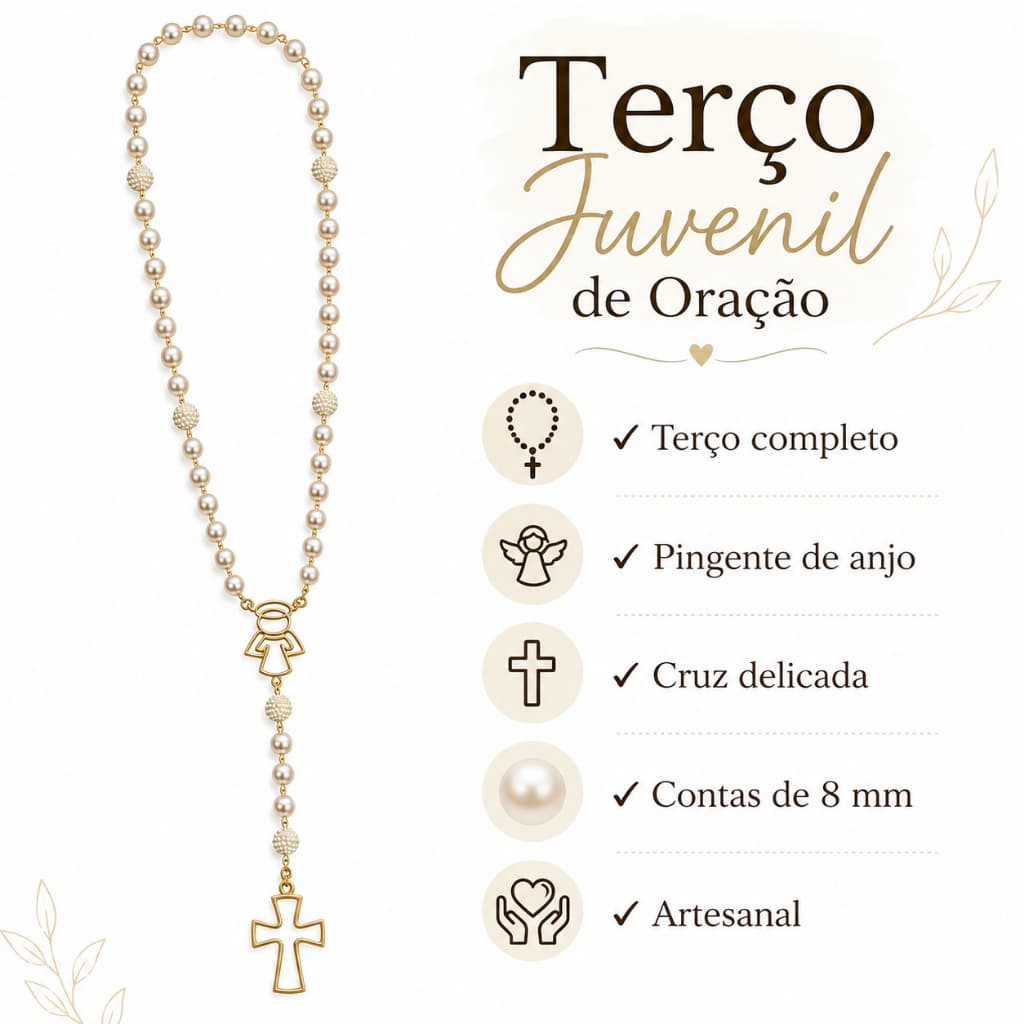 Terço Juvenil Católico com Anjo Contas 8mm Rosário Artesanal Presente para Batizado Crisma e Primeira Comunhão