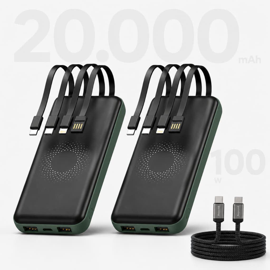 Kit Power Bank Indução 2 Unidades 20000 mAh Verde + Cabo 60W Preto Original Peining