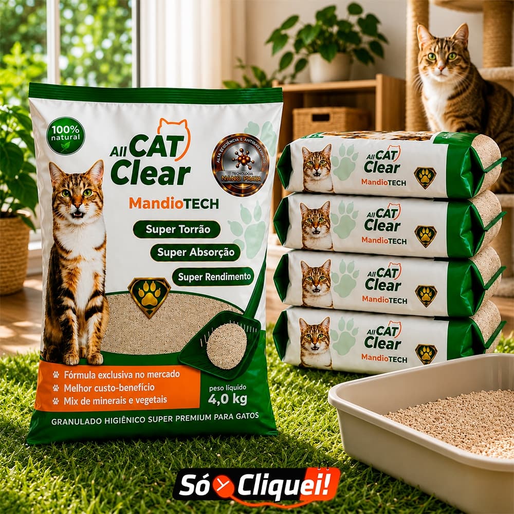 Kit 5 Areia Sanitária Higiênica Para Gatos All Cat Clear MandioTECH 4KG Bentonita e Mandioca Alta Absorção Torrão Firme