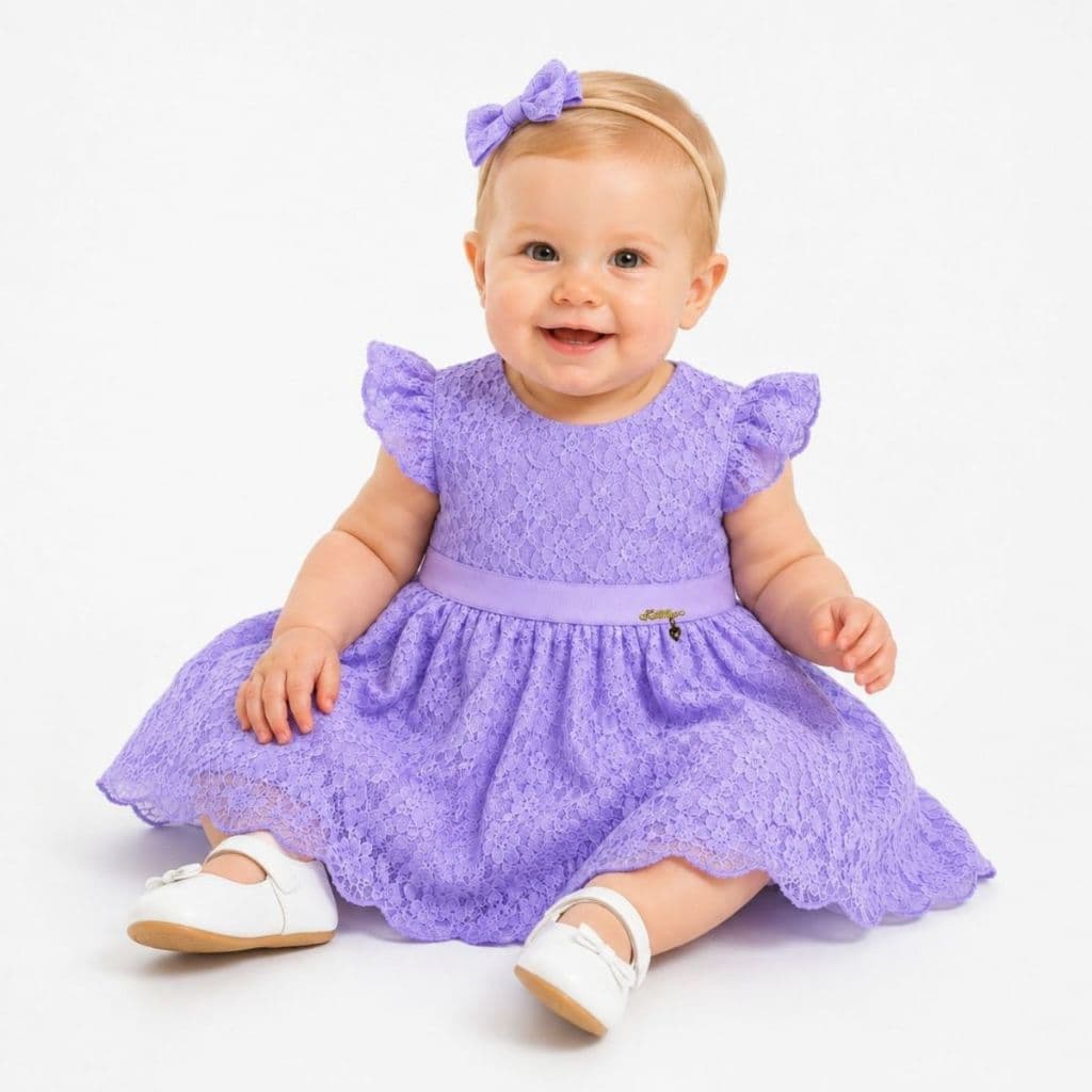Vestido de Festa em Renda Para Bebê até 4 anos Lilás Lavanda
