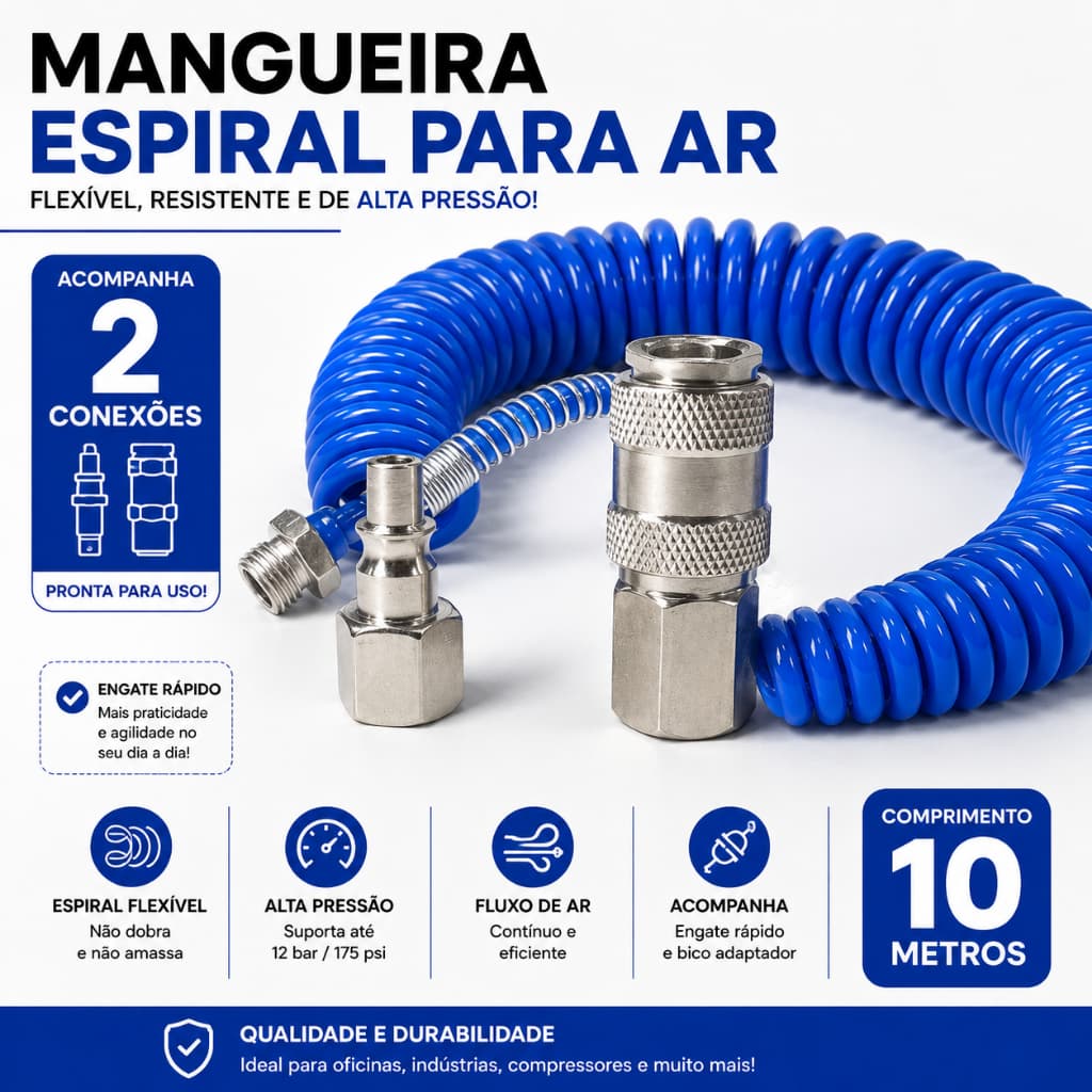 Mangueira Tubo Espiral PU 10 Mts Ar Comprimido Limpeza