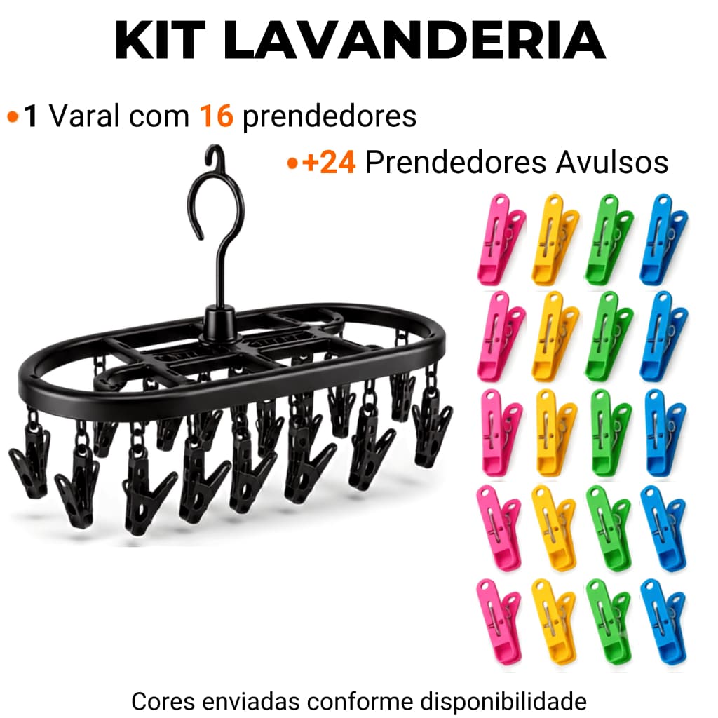 Kit Varal Calcinhas Cuecas Meias com 16 Prendedores + Pregadores de Roupa Plástico 24 Unidades