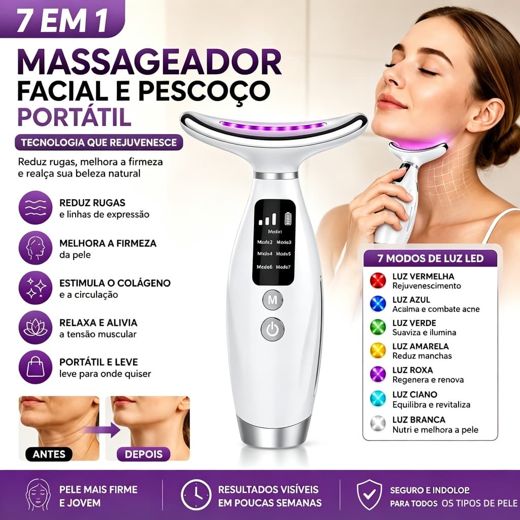 Massageador Facial Pescoço 7 Cores LED Aquecimento Vibração Anti Rugas Firmeza Pele Portátil Rejuvenescedor