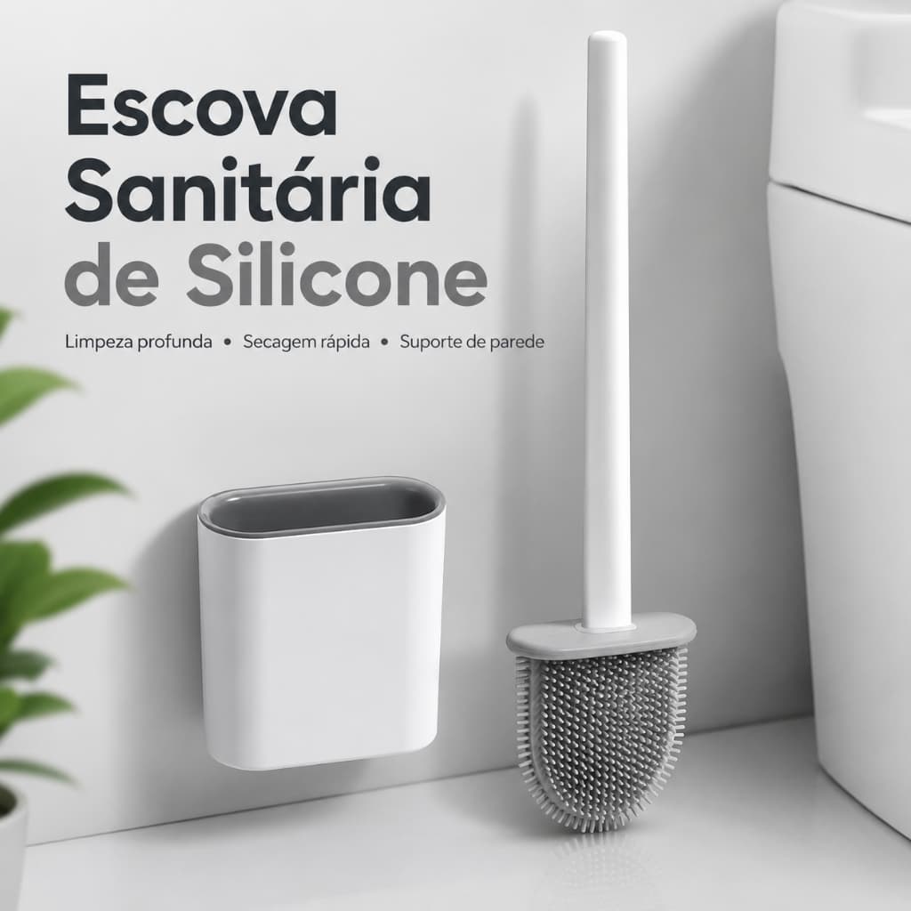 Escova Sanitária de Silicone Flexível com Suporte de Parede Ventilado para Vaso Sanitário e Banheiro
