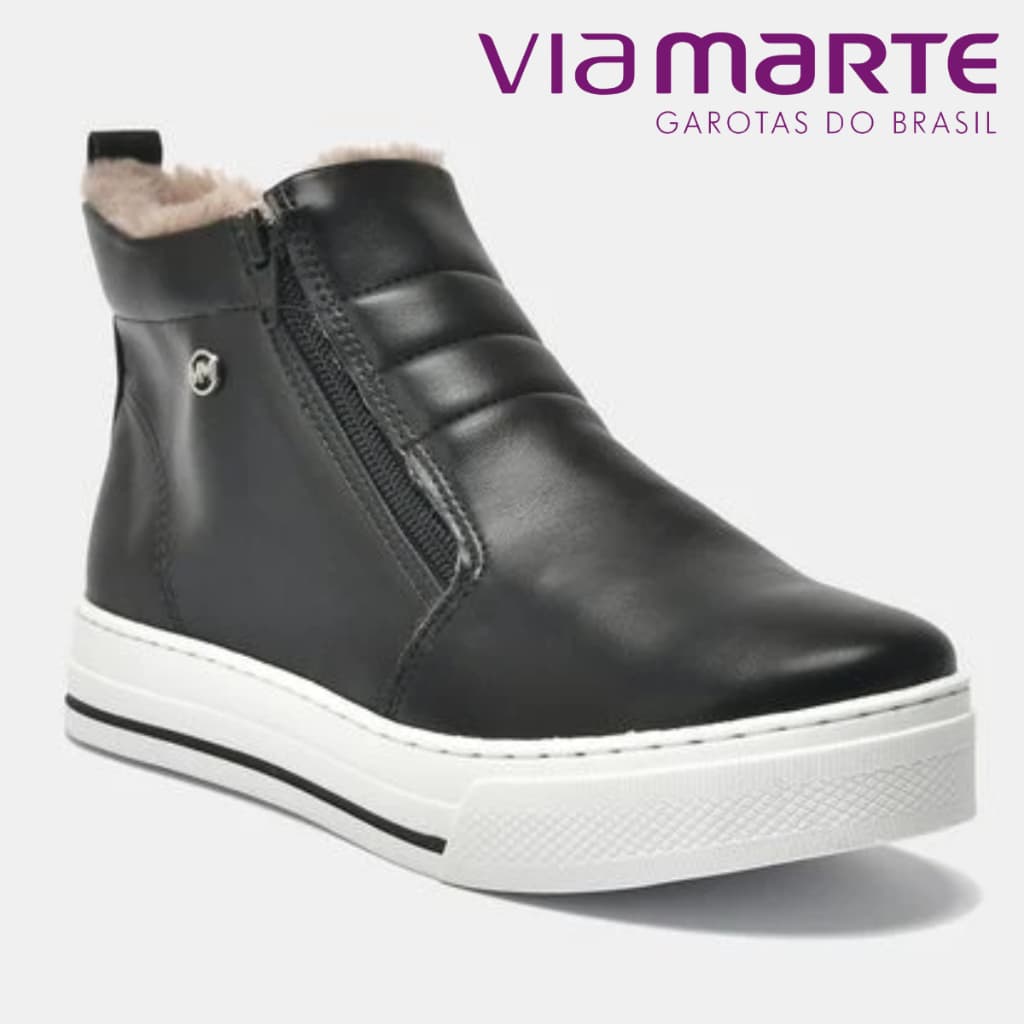 Tênis Feminino Via Marte Preto com Pelinho Zíper Lateral Slip On Abotinado Inverno Confortável