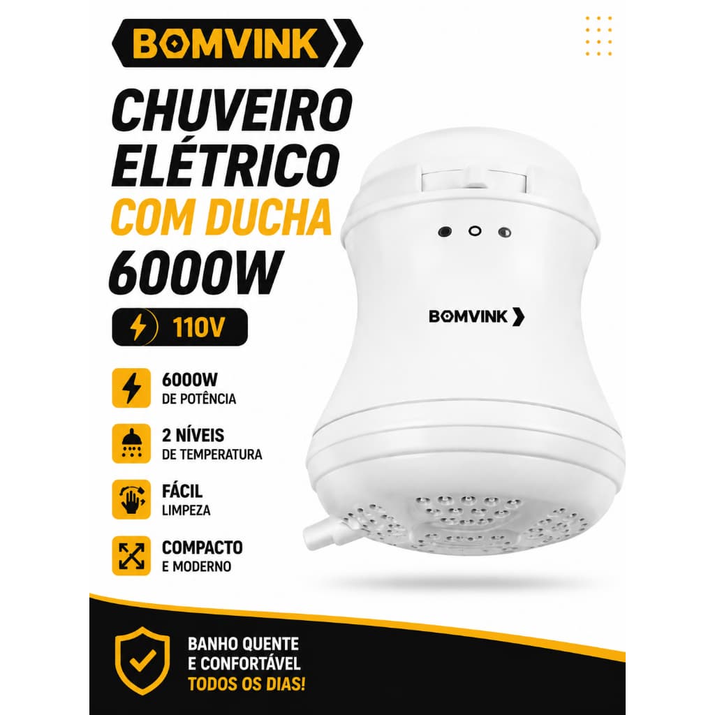 BOMVINK Chuveiro Elétrico com Ducha 6000W 110V 2 Temperaturas Fácil Instalação BOM-2485