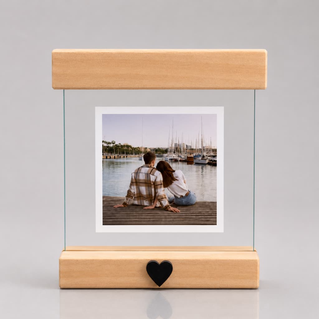 Porta Foto de Mesa 10x10 Vidro Duplo com Suporte de Madeira