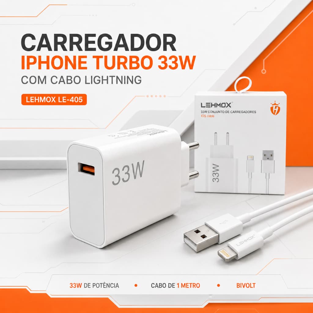Carregador iPhone 11 12 13 14 15 SE + Cabo Lightning 33W Turbo