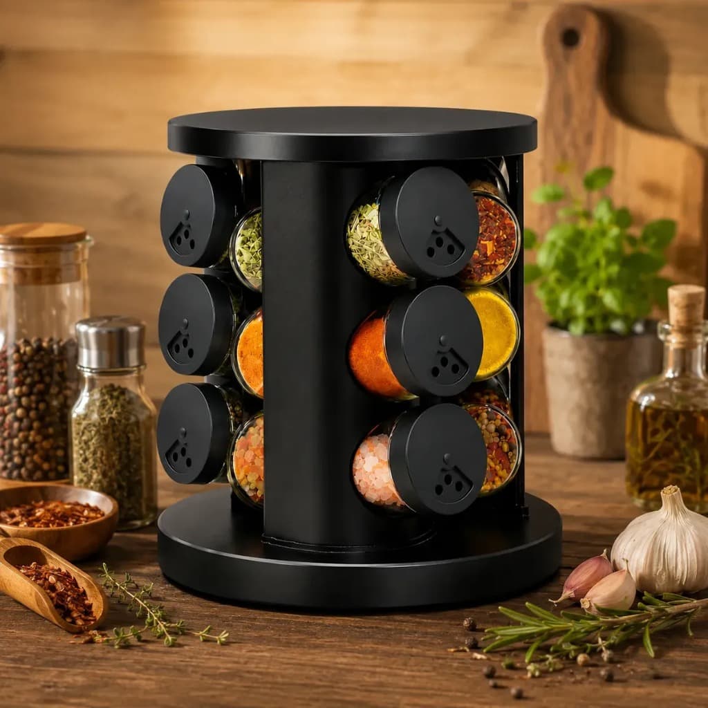 Porta Tempero Rotativo e Condimentos Giratorio Profissional Organizador Cozinha Potes Herméticos com Rótulo kit 9 potes