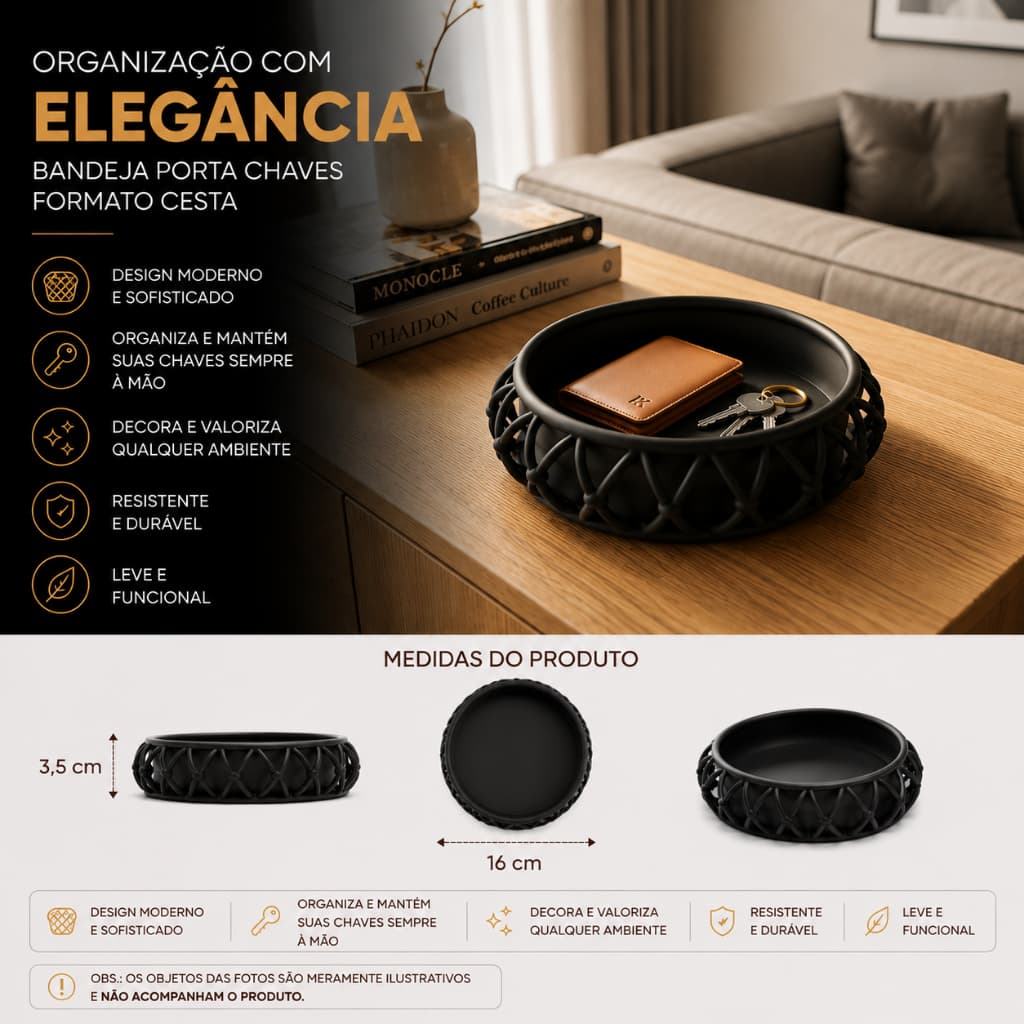 Bandeja Porta Chaves Decorativa Formato Cesta Organizador Moderno