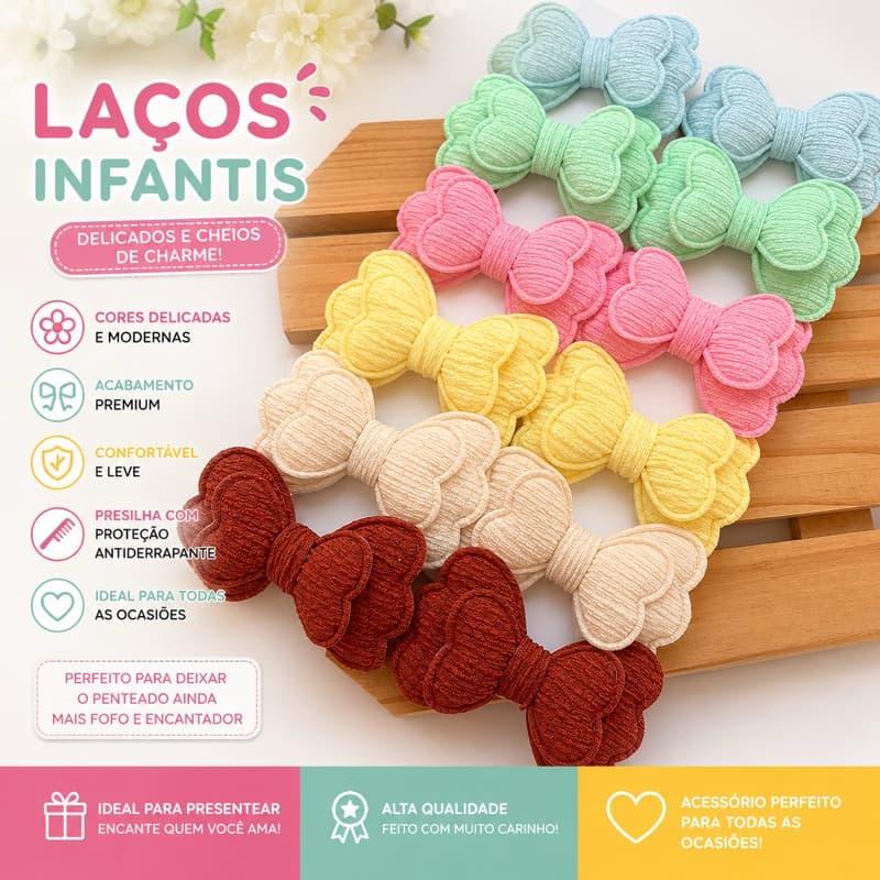 Kit Laços Infantis Texturizados com Presilha Antiderrapante Laço de Cabelo para Bebê Menina Acessório Infantil Colorido