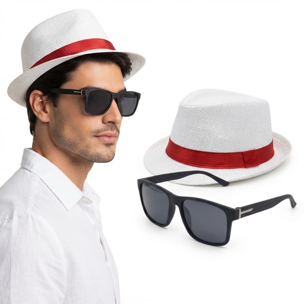 Kit Chapéu Carioca com Óculos de Sol MD-53 UV400 Estilo Clássico Carnaval Samba Pagode Unissex