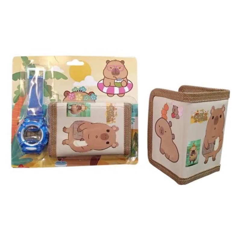 kit Infantil Relógio + Carteira capivara Personagens