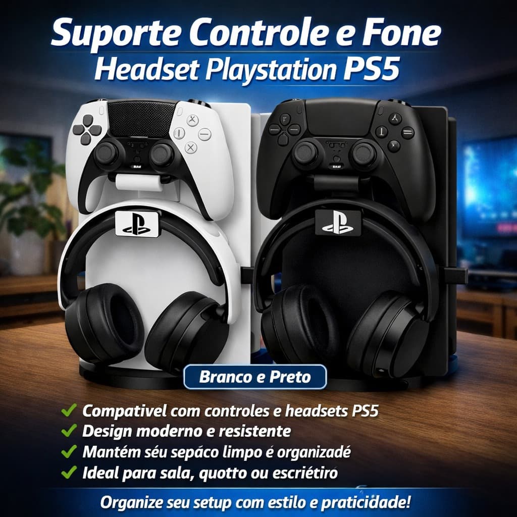 Suporte Controle e Fone Headset Playstation PS5 - Clipe - Fixa Lateral Console Ornazização Setup Gamer Dia dos Pais