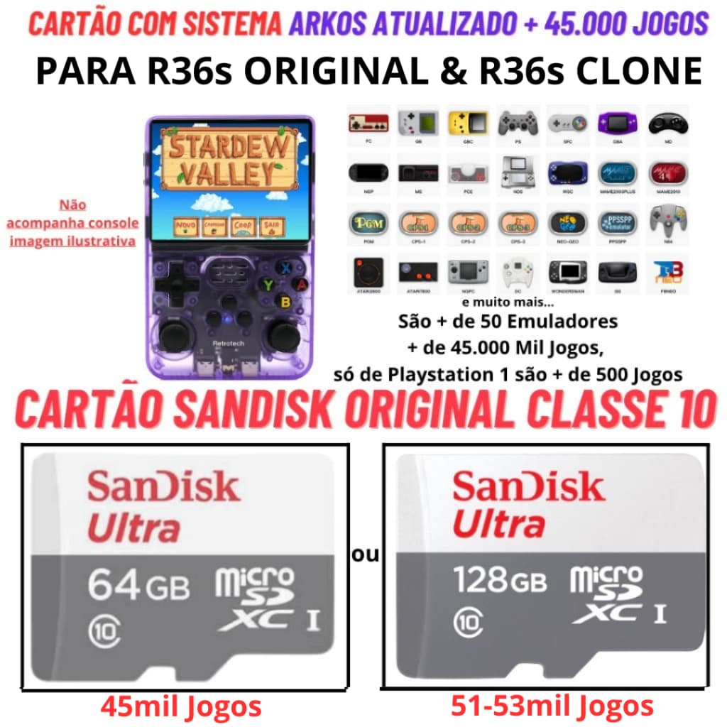 Cartão Original para Clone R36s com Sistema ArkOS Atualizado e 45mil J0G0S Cartão Sandisk Classe 10 Console Portatil