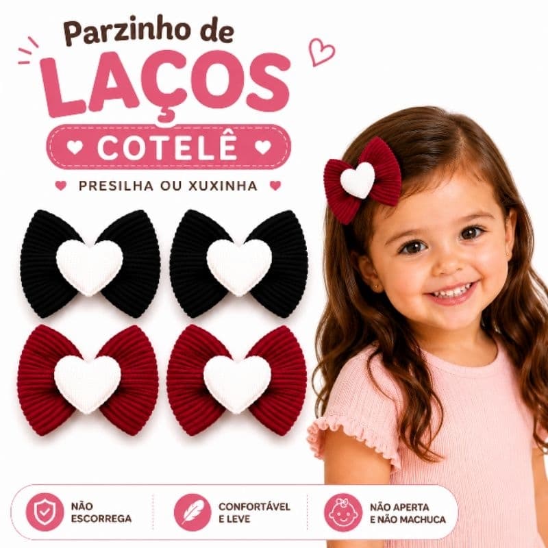 Laços Cotelê Infantil Coração| Par Presilha para Menina