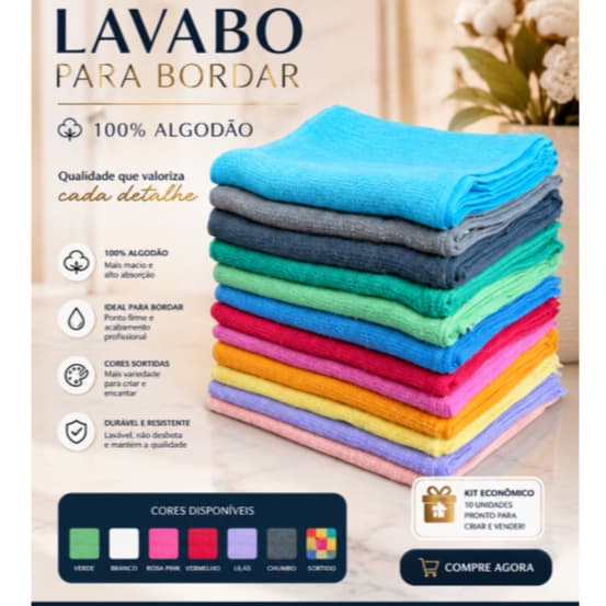 KIT 20 UNI TOALHAS LAVABO PARA BORDAR, PINTAR E ARTESANATO E BRINDE, ESCOLAR, 100% ALGODÃO