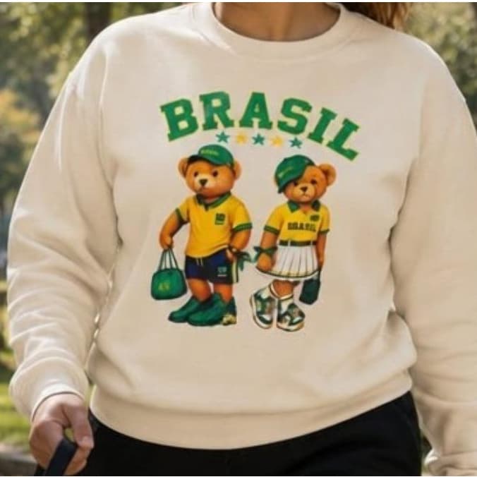 Blusa Moletom Feminina Brasil Casal Urso Teddy Flanelado 2 Cabos Premium Conforto e Brilho para Dias Frios e Estilosos