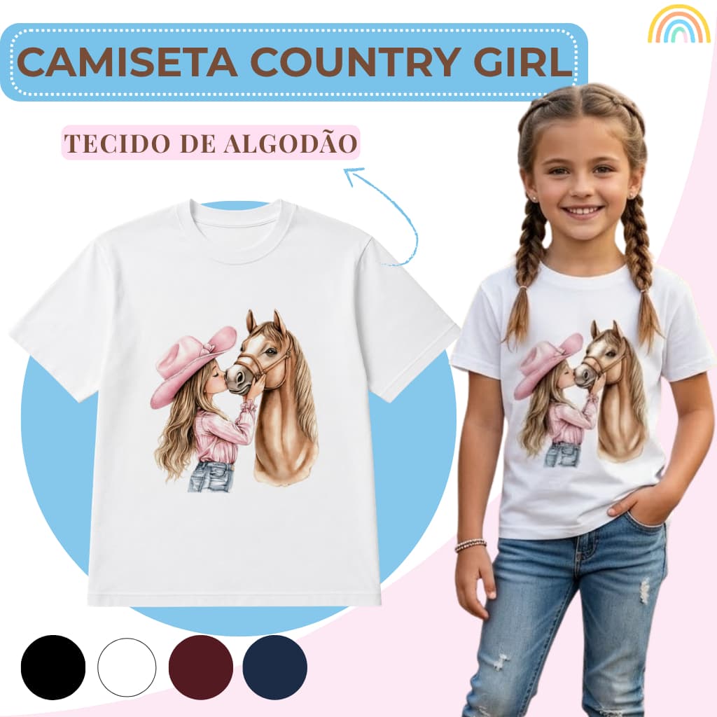 Camiseta Infantil/Juvenil Menina Country Girl Camisa Feminina 4 cores Algodão Tamanho 2 ao 16