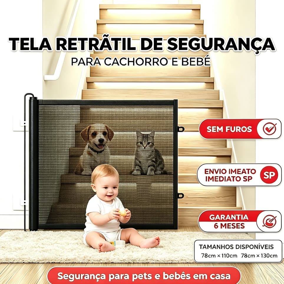 Portão de Segurança Retrátil Sem Furos Proteção Bebê Criança Cachorro Gato Escada Casa Tamanhos 78x110cm 78x130cm