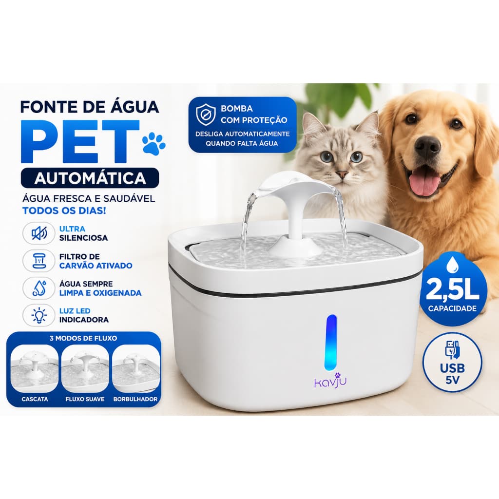 Fonte de Água para Gatos 2,5L Automática USB com LED e Filtro