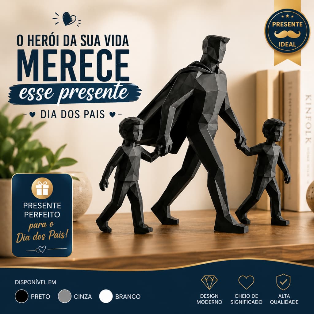 Estátua Pai Super Herói com Filhos Decorativa Presente Dia dos Pais Escultura Moderna para Sala Escritório