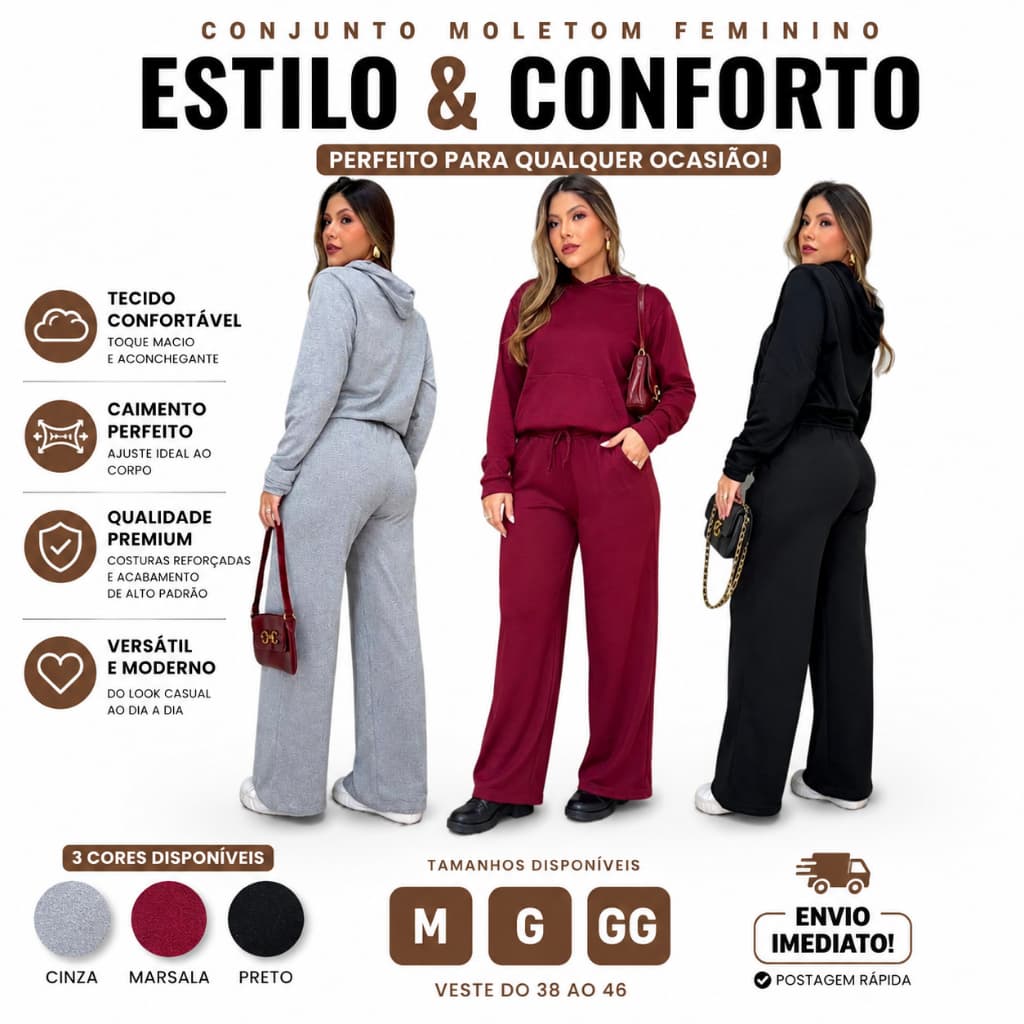 Conjunto Feminino Moletom Calça Wide Leg e Jaqueta Manga Longa - Envio Imediato !!!