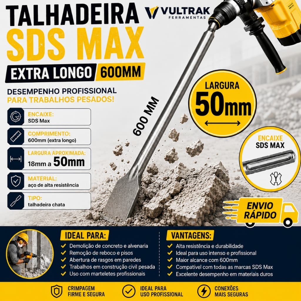 Talhadeira SDS Max 600mm Extra Longa 18x50mm Para Martelete Demolição Concreto Profissional