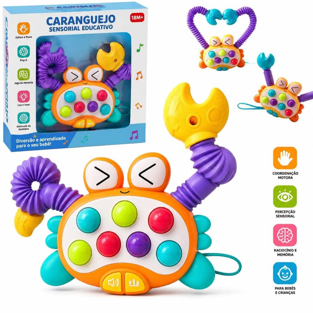 Caranguejo Pop It Sensorial Bebê Brinquedo Educativo Jogo Memória Estica e Puxa com Led, Luz e Som