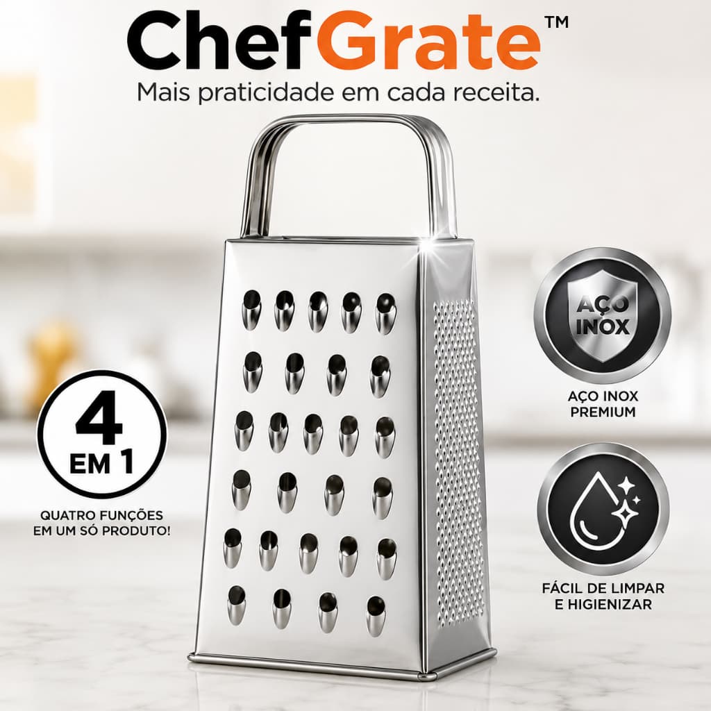 Ralador Aço Inox 4 Faces Multifuncional 23cm Para Queijo Legumes Frutas e Chocolate ChefGrate™
