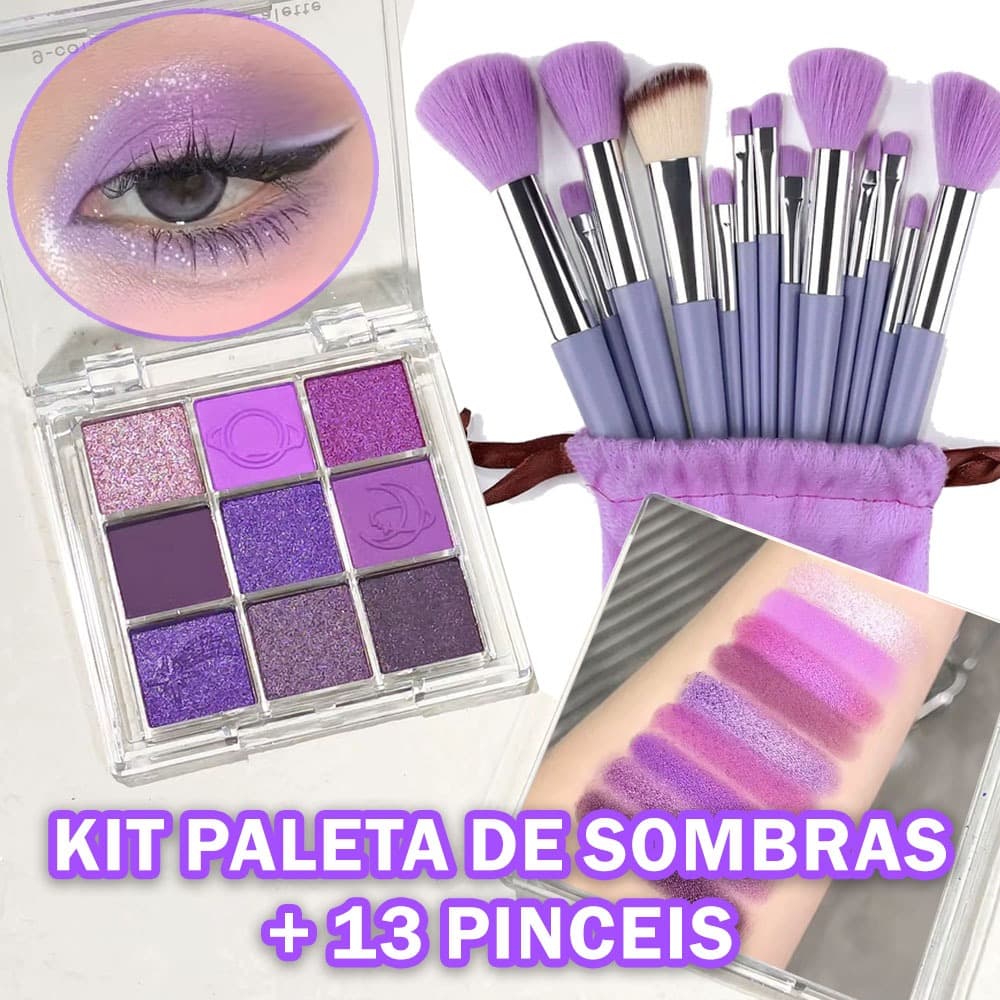 Kit Paleta de Sombras 9 tons + 13 Pinceis - Alta Pigmentação Cintilante Rosa Roxo + Brinde