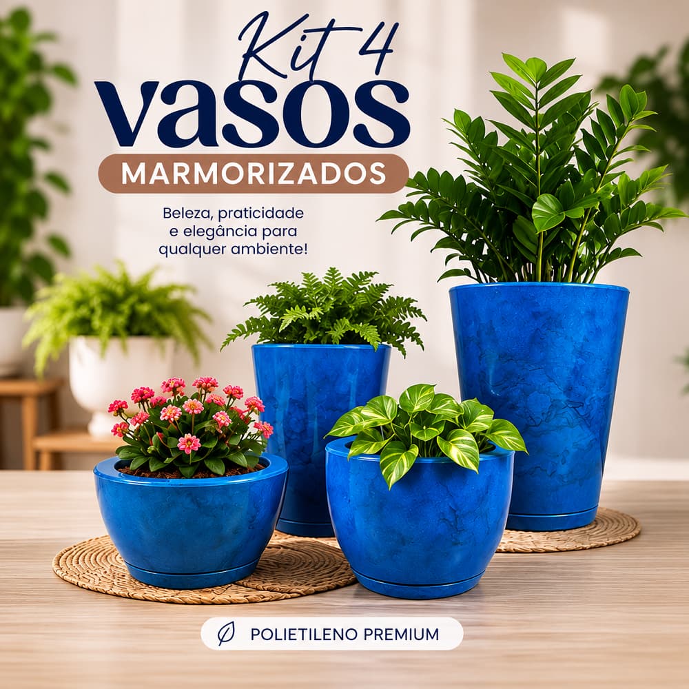 Kit 4 Vasos para Plantas Marmorizados Polietileno Decorativos Jardim Flores Casa com Prato Coletor Luxo