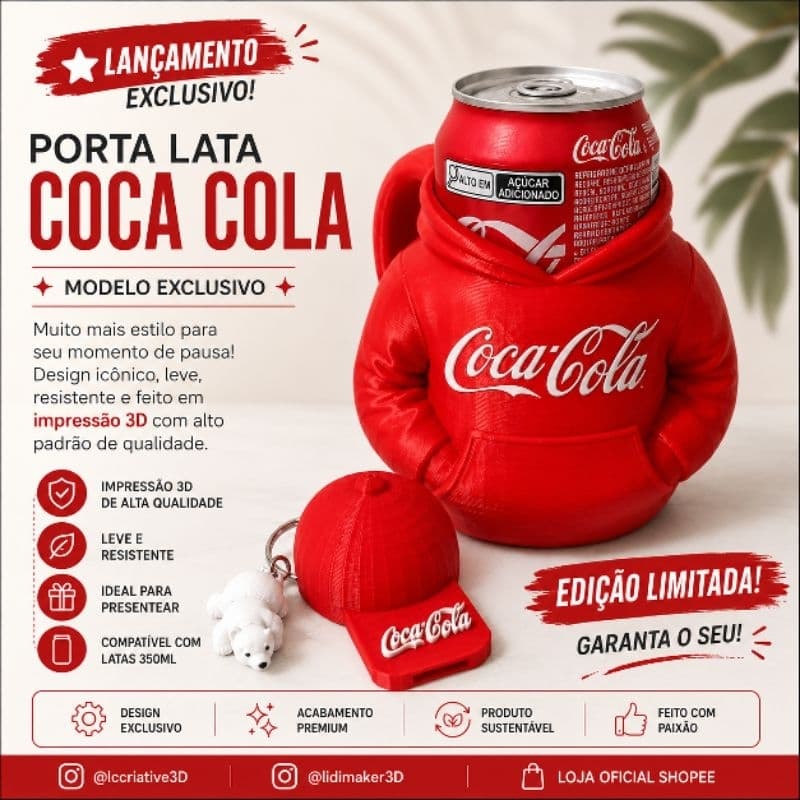 Kit Porta-Lata Coca-Cola completo com chaveiro de ursinho e tampa com abridor de lata em formato de boné