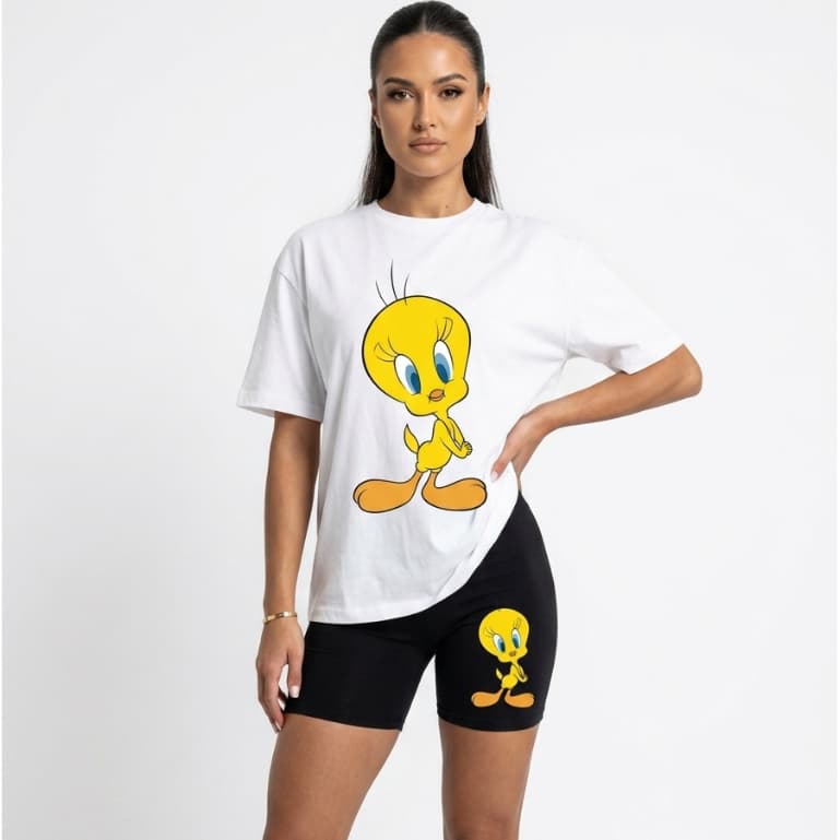 Conjunto Feminino Camiseta e Short Confortavel Estampa PIU-PIU,Academia Atividade ao Ar Livre Fitnees