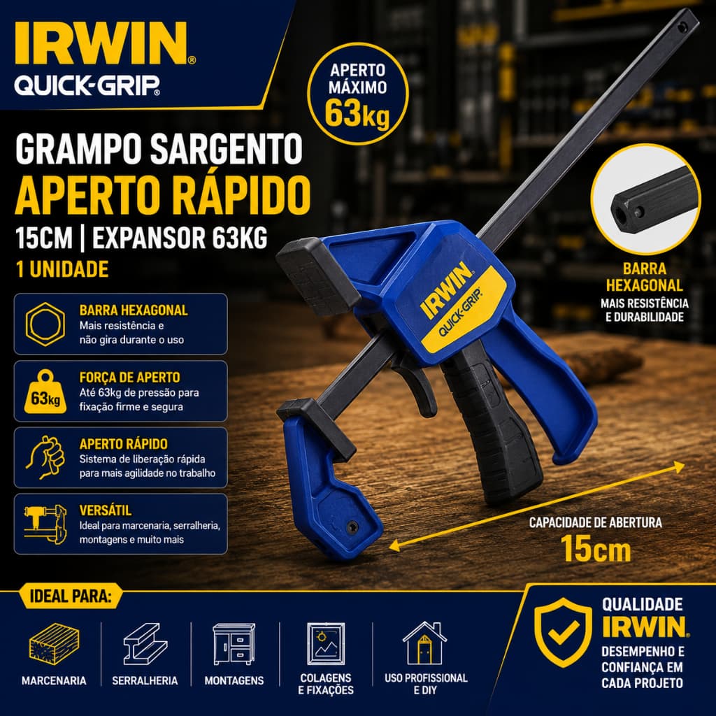 Grampo Sargento Aperto Rapido 15cm Expansor 63kg Irwin Hexagonais 1 Un