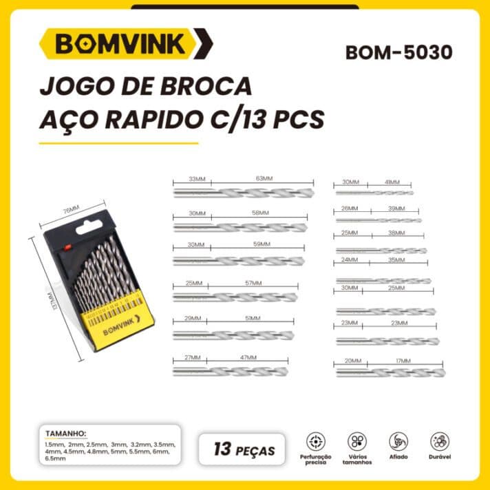Jogo de Broca Aço Rápido 13 Peças HSS para Metal Madeira Plástico Kit Brocas Furadeira 1.5mm a 6.5mm